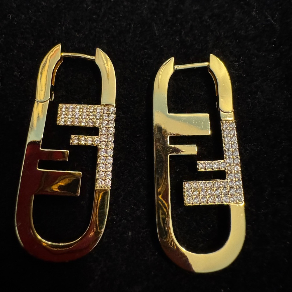 Fendi FF Elegant Gold Earrings with Crystal Accents - Picture 1 of 5
